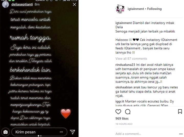Delia Septianti Curhat Soal Perceraiannya dengan Suami Lewat InstaStory