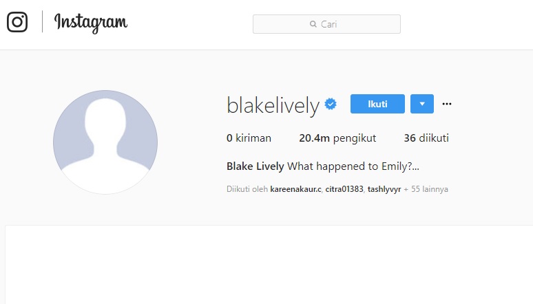 Akun IG Blake Mendadak Kosong