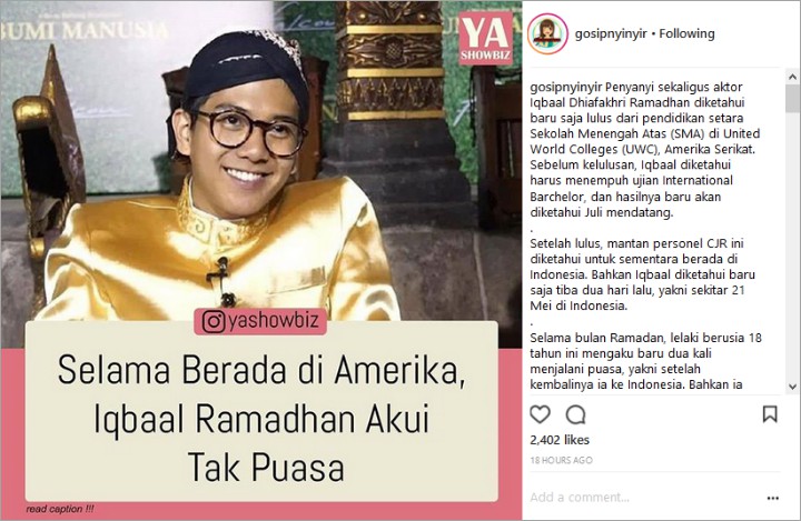 Iqbaal Ramadhan Ngaku Tak Puasa Selama di Amerika, Netter Langsung Pro Kontra