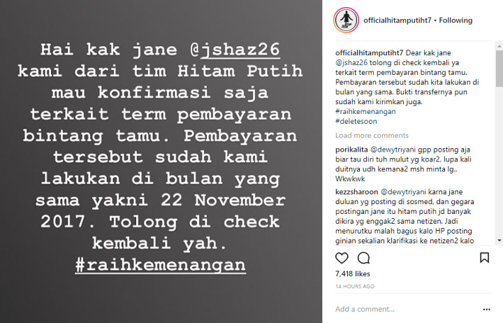 Jane Shalimar Curhat Honor Belum Ditransfer, \'Hitam Putih\' Klarifikasi Tentang Pembayaran