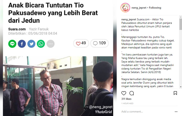 Tuntutan Hukum Tio Pakusadewo Lebih Berat Dibanding Jedunn, Netter Kembali Sindir Soal Uang