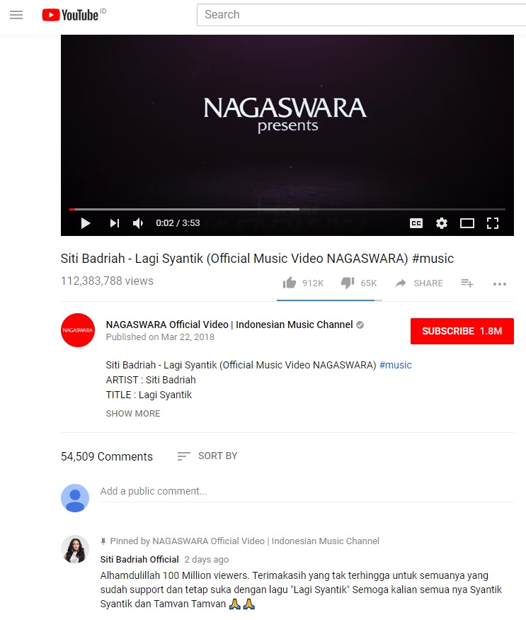 MV Siti Badriah diputar lebih dari 100 juta lebih di YouTube