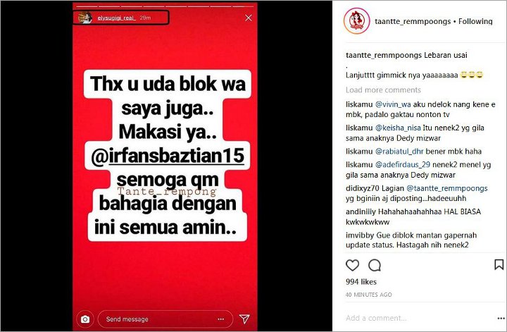 Ely Sugigi Diblokir Irfan Sbaztian