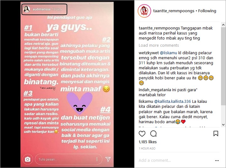 Tanggapan Audi Marissa Perihal Netizen Edit Wajah Ayu Ting Ting Jadi Monyet