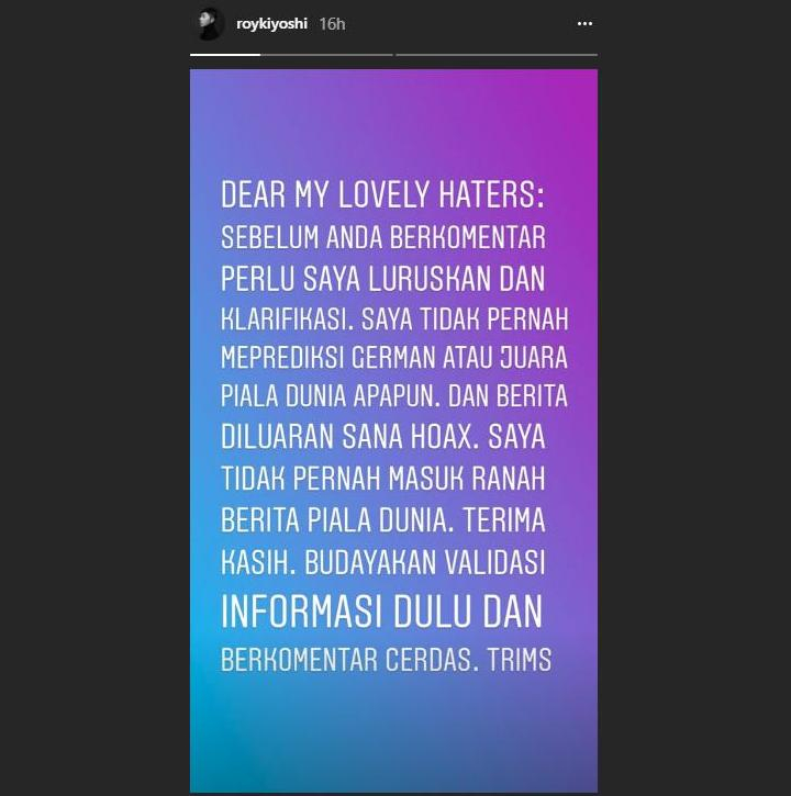 Roy Kiyoshi Beri Klarifikasi