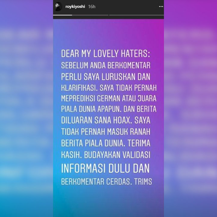 Klarifikasi Roy Kiyoshi