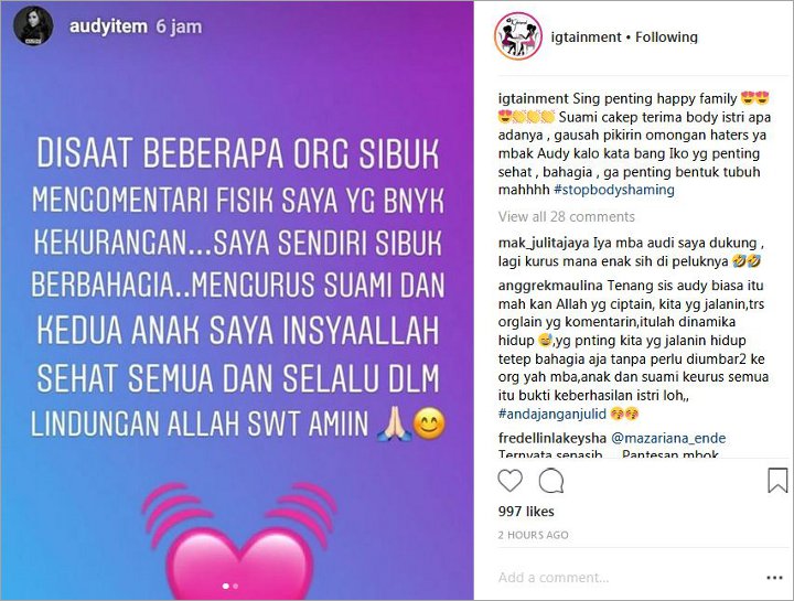 Audy Item Curhat Bentuk Tubuhnya Dihina Lagi
