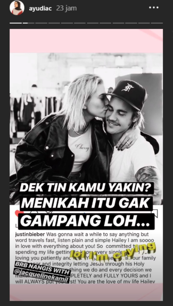 Baper Justin Bieber Tunangan, Ayudia Bing Slamet Tulis Pesan Ini