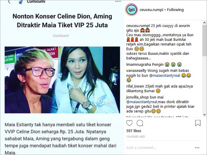 Maia Estianty Beri Aming Tiket Celine Dion Rp 25 Juta, Netter: Segitu Mah Gak Ada Artinya