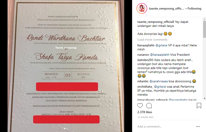 Foto Undangan Pernikahan Tasya Kamila dan Randi Bachtiar