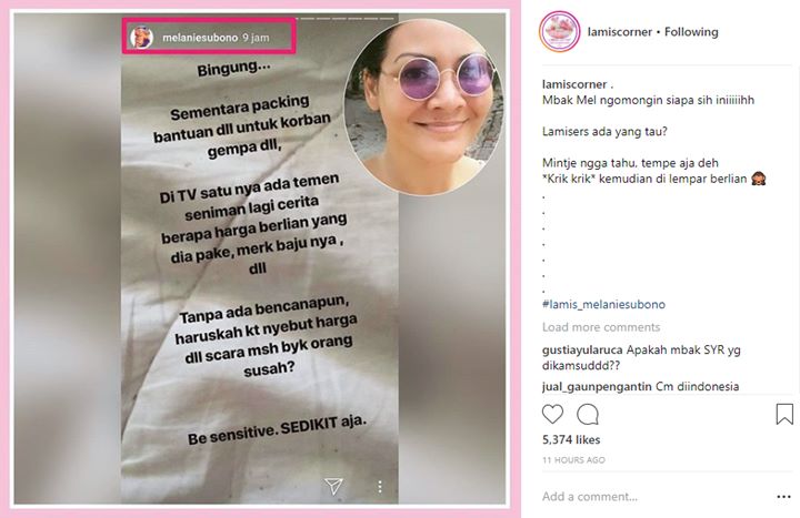 Sindiran Melanie Subono di Insta Story