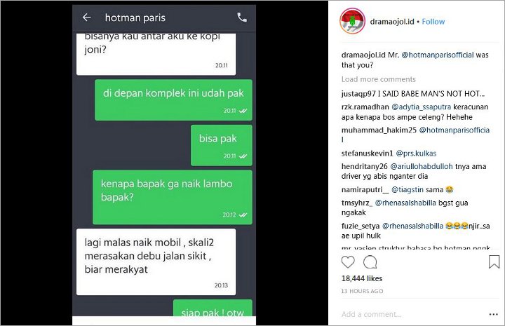 Chat Diduga Hotman Paris dan Driver Ojol