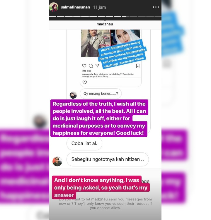 Insta Story Salmafina Sunan Soal Bantahan Taqy Malik