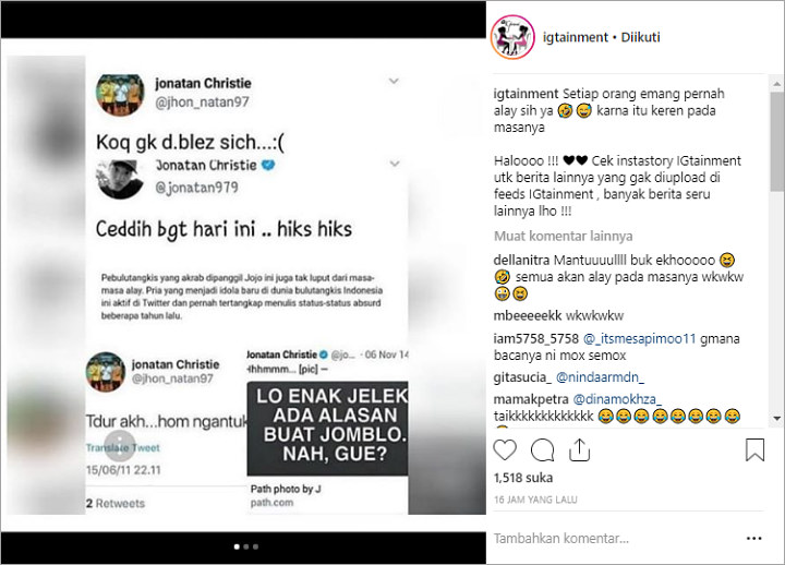 Pernah Alay, Status Jadul Jonatan Christie di Twitter Jadi Sorotan Netter