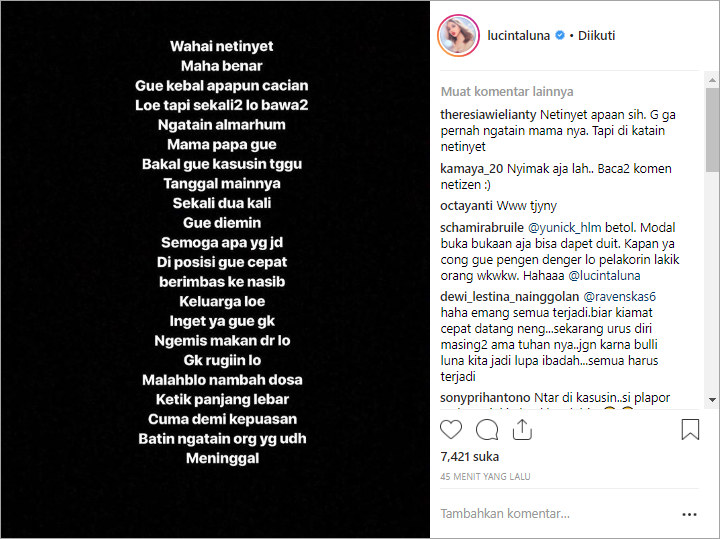 Dihujat Warganet Bawa Nama Mendiang Orangtuanya, Lucinta Luna Bakal Lapor Polisi
