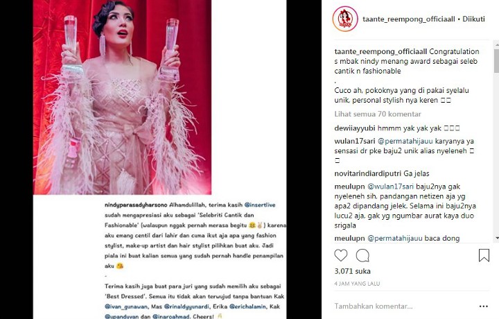 Nindy Raih Piala \'Selebriti Cantik dan Fashionable\' di Insert Awards 2018, Netter Pro Kontra