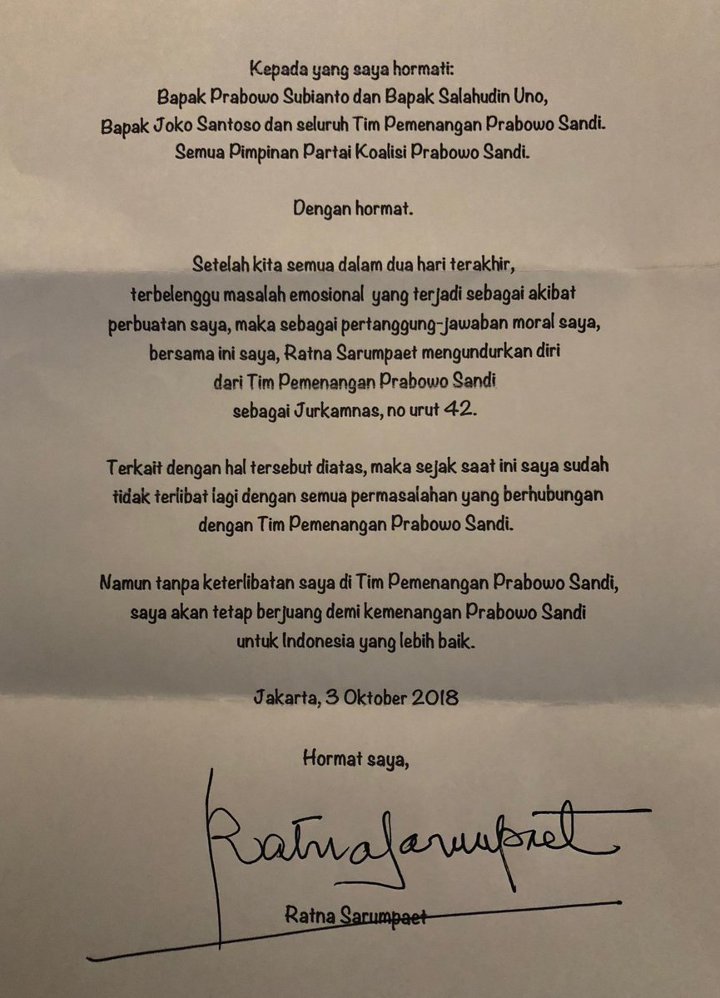 Surat Pengunduran Diri Ratna Sarumpaet