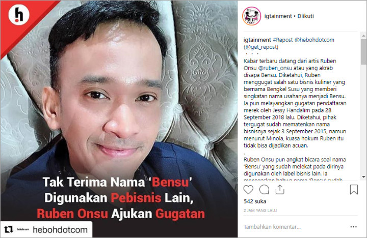 Gugat Pebisnis yang Pakai Nama \'Bensu\', Netter Bandingkan Ruben Onsu dengan Sule-Inul Cs