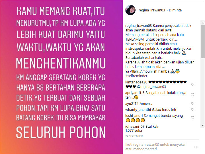 Ibaratkan Korek dan Pohon, Regina Istri Charly: Tidak Pernah Ada Kata Terlambat