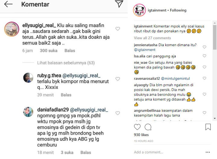 Komentar Ely Sugigi Soal Dewi Persik dan Keponakan