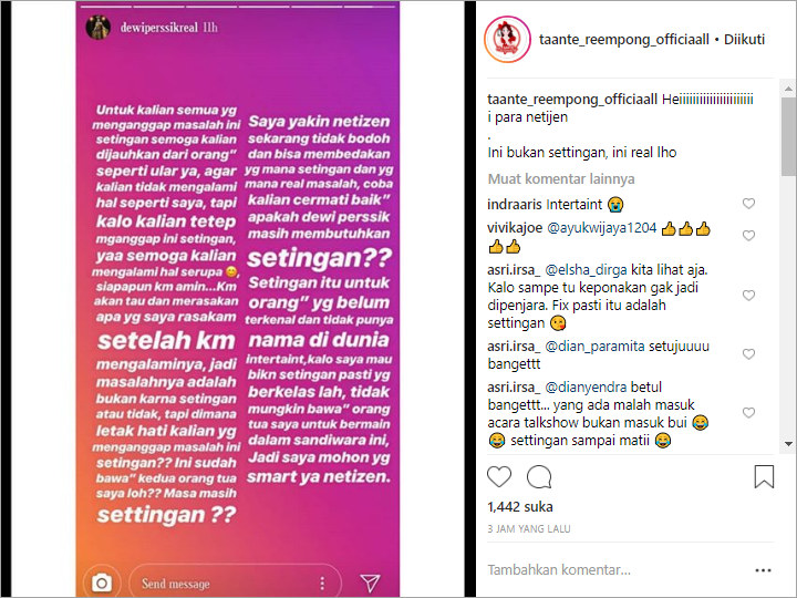 Kesal Perseteruannya dengan Meldi Disebut Settingan, Dewi Persik Tulis Pesan Ini
