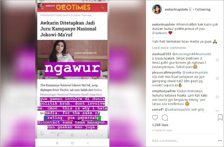 Awkarin Dikabarkan Jadi Juru Kampanye