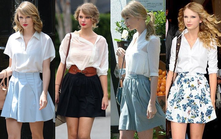 Kemeja Putih dengan Rok atau Celana Pendek ala Taylor Swift