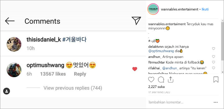 Hwang Minhyun memberikan komentar di postingan Kang Daniel