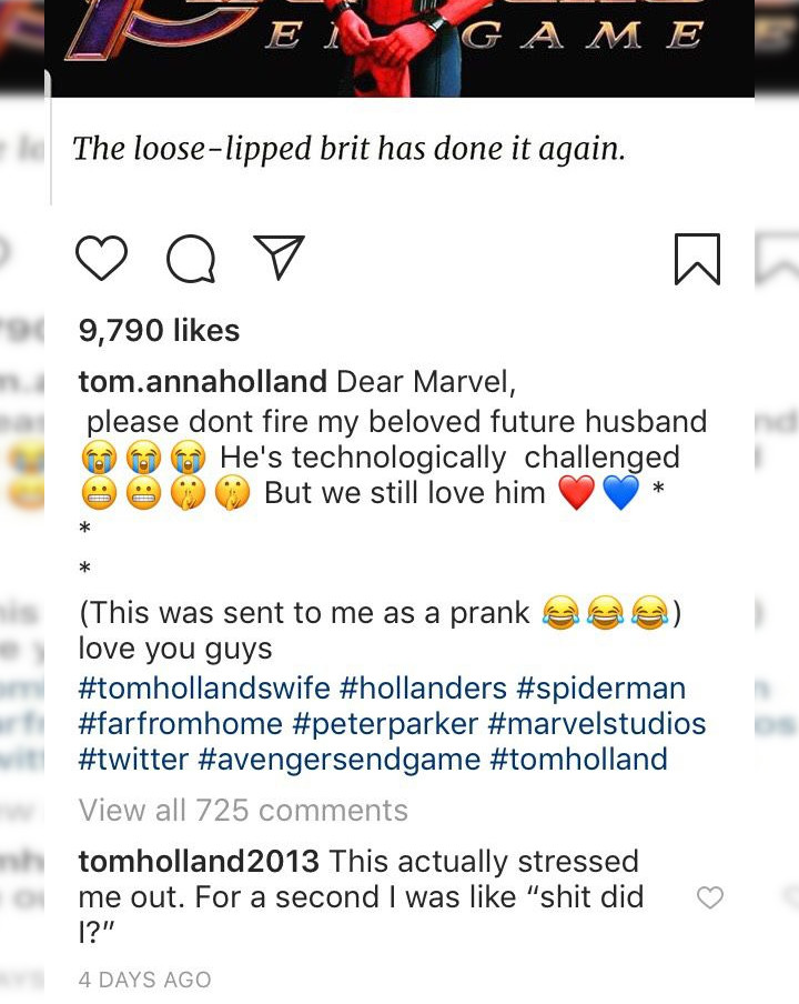 Tom Holland komentar di Instagram