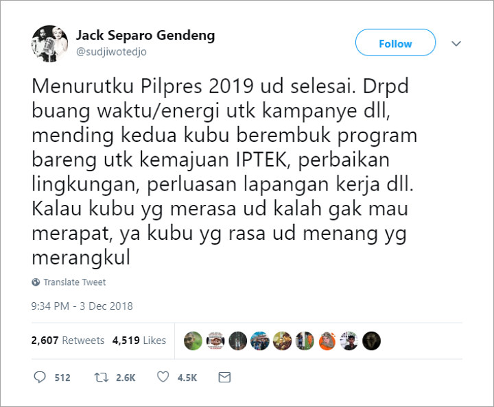 Sujiwo Tejo Ngaku Sudah Tahu Pemenang Pilpres 2019, Tulis Ciri-Ciri di Buku Baru