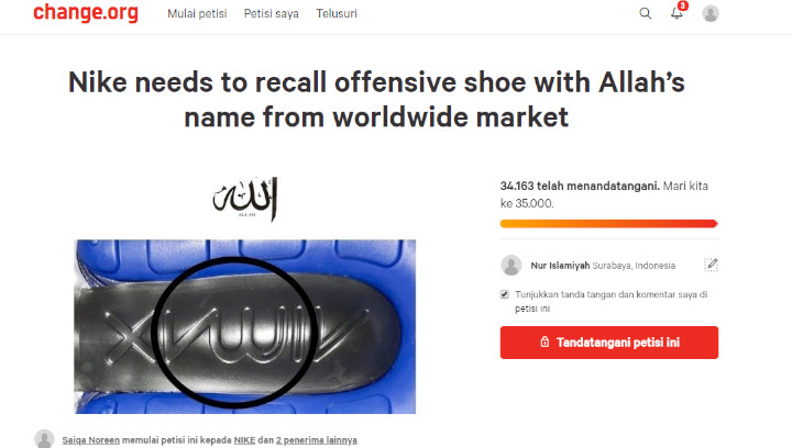 Logo Mirip Lafadz Allah di Sol Sepatu, Lebih dari 34 Ribu Orang Minta Nike Tarik Sepatu dari Pasaran