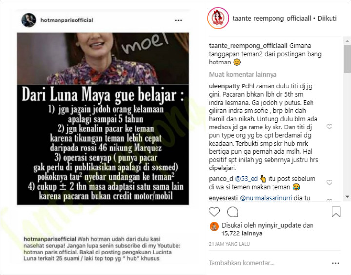 Unggahan Hotman Paris tentang Luna Maya