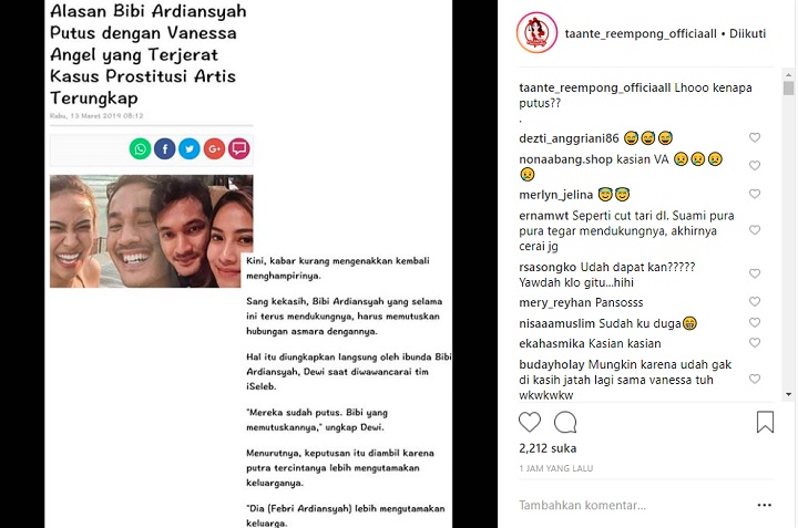 Vanessa dan Bibi Putus Dibicarakan di Akun Gosip