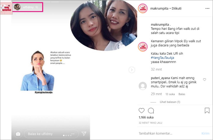 InstaStory Ulfi Putri Ely Sugigi
