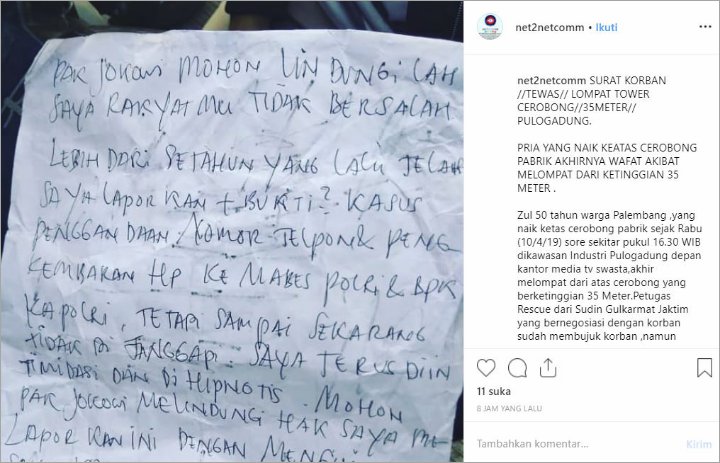 Nekat Bunuh Diri Terjun dari Cerobong Asap, Pria Ini Tulis Surat untuk Jokowi
