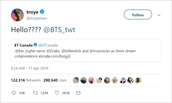 PhotoAjakan Kolaborasi BTS Di Tanggapi Positif Troye Sivan, Fans Ramai-Ramai Beri Dukungan