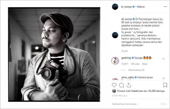 Instagram Tompi Usai Bersaksi dalam Sidang Kasus Hoaks Ratna Sarumpaet