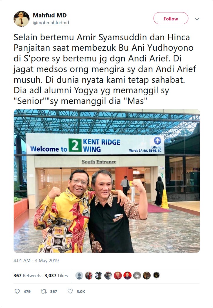 Kerap \'Adu Mulut\' di Medsos, Mahfud MD dan Andi Arief Pamer \'Kemesraan\' saat Jenguk Ani Yudhoyono