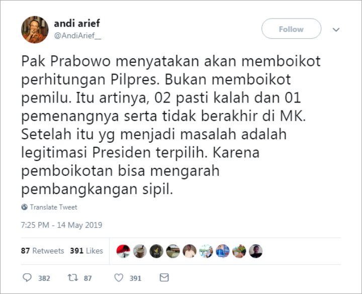 Andi Arief Sebut Prabowo Sudah Merasa Kalah, Puji Capres 02 Bijak Boikot Hasil Pemilu