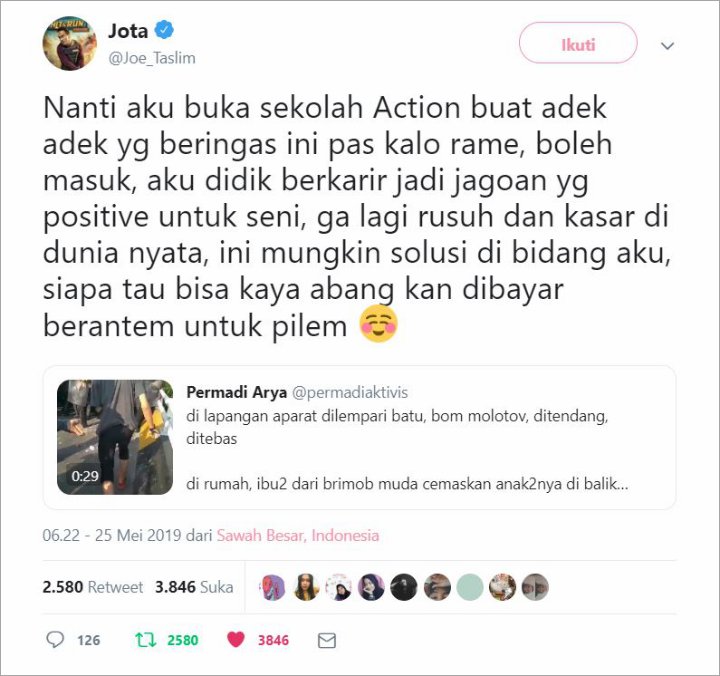 Cuitan Joe Taslim di Twitter
