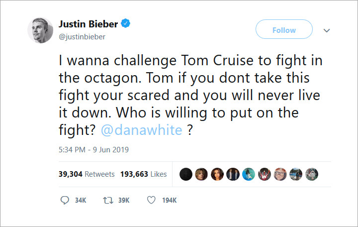 Justin Bieber Mendadak Tantang Tom Cruise Duel di Ring UFC, Petinju Conor McGregor Ikut Berkomentar