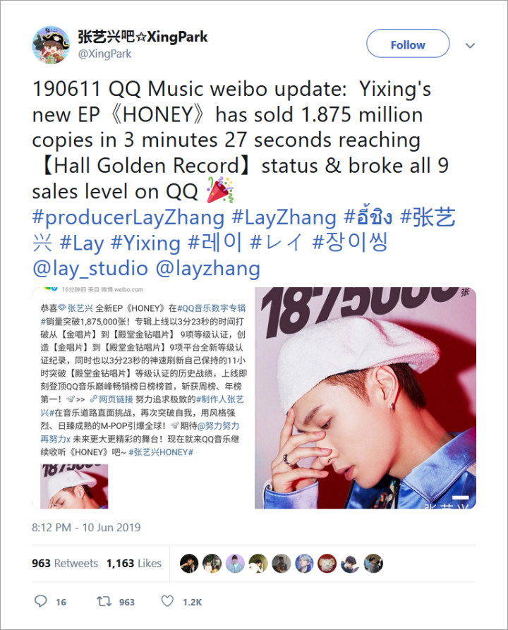Belum Rilis, Pre-order Album Solo Lay \'Honey\' Raih Level Diamond Di Situs QQ Tiongkok
