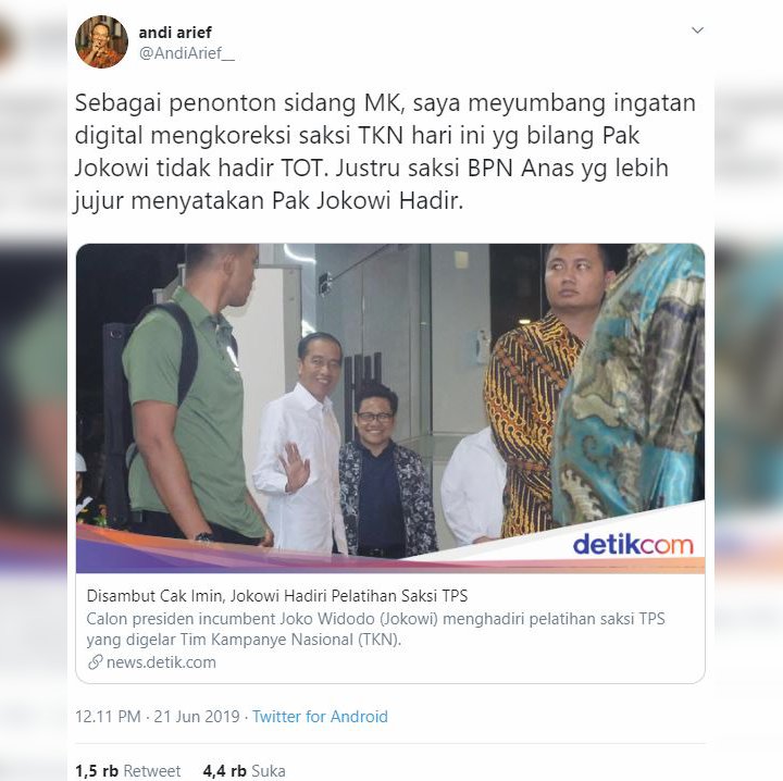 Soal Jokowi Hadir di TOT, Andi Arief Sebut Saksi Prabowo-Sandi Lebih Jujur Daripada Saksi 01