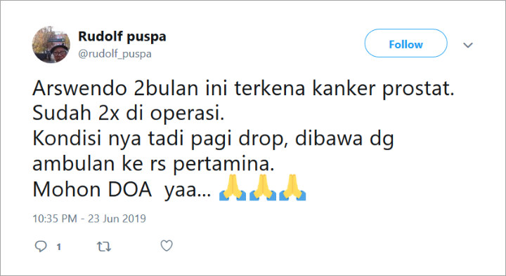 Penulis ‘Keluarga Cemara’ Arswendo Atmowiloto Drop Akibat Kanker Prostat, Sahabat Minta Doa