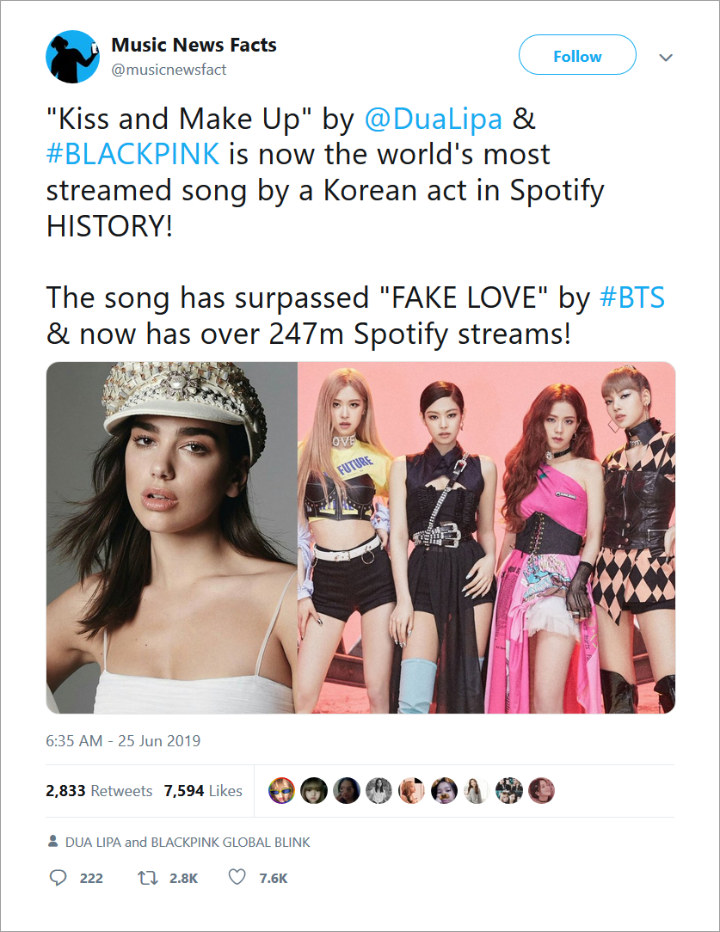 Lagu BLACKPINK Dan Dua Lipa \'Kiss And Make Up\' Jadi Musik Kpop Terbanyak Didengarkan Di Spotify