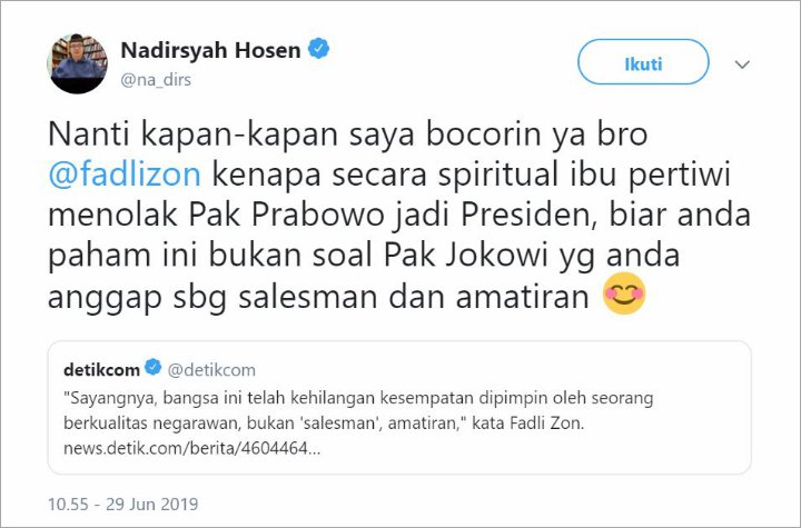 Fadli Zon Ditegur Gus Nadir Gara-Gara Julukan Salesman ke Jokowi