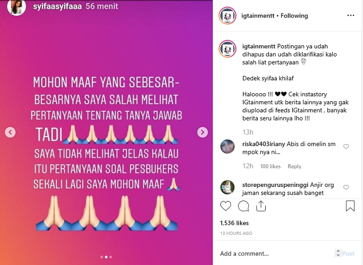 InstaStory Syifa Minta Maaf
