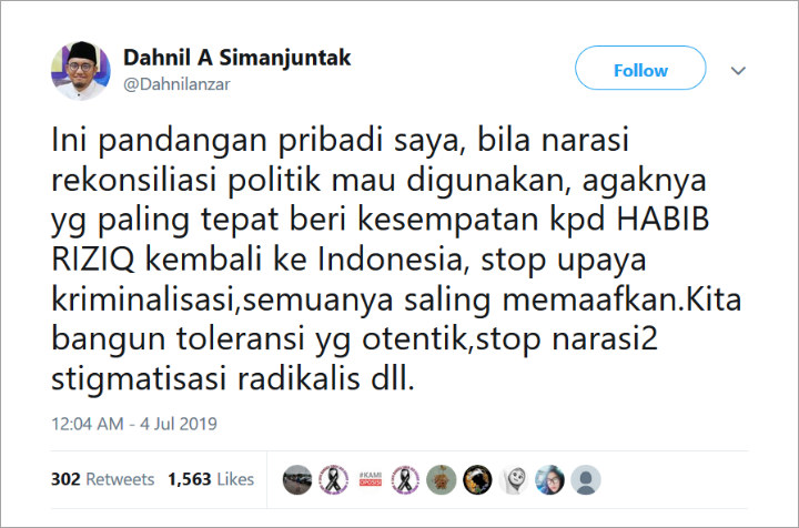 Jubir BPN Dahnil Anzar Tuntut Pulangkan Habib Rizieq Daripada Rekonsiliasi