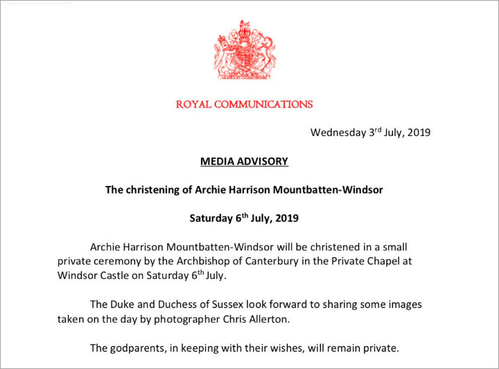 Meghan Markle dan Pangeran Harry Tidak Akan Umumkan Orangtua Baptis Archie Harrison