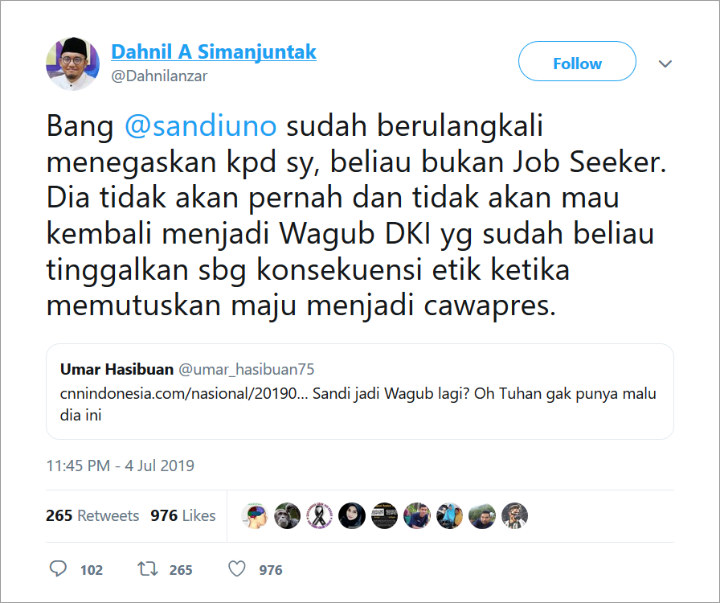 Jubir BPN Dahnil Anzar Tegaskan Sandiaga Ogah Kembali Jadi Wagub DKI